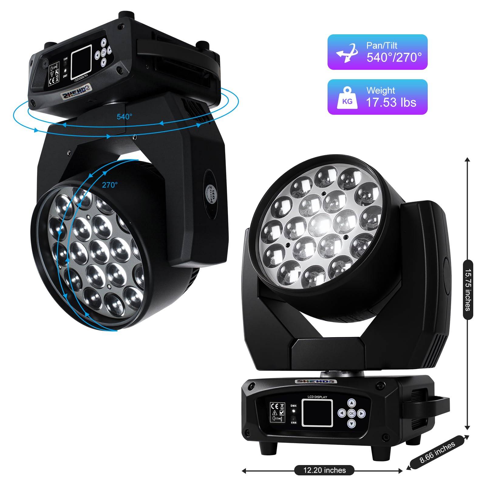 SHEHDS Moving Head Light LED 19x15W RGBW 4in1 Beam/Wash/Zoom Effect Stage Lights Professional DMX512 & Sound Activated Control D